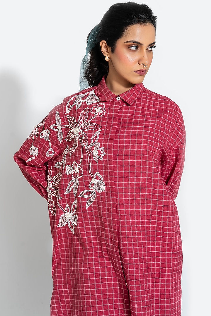 Red Handwoven Cotton Checkered Embroidered Tunic by Pants and Pajamas at Pernia's Pop Up Shop