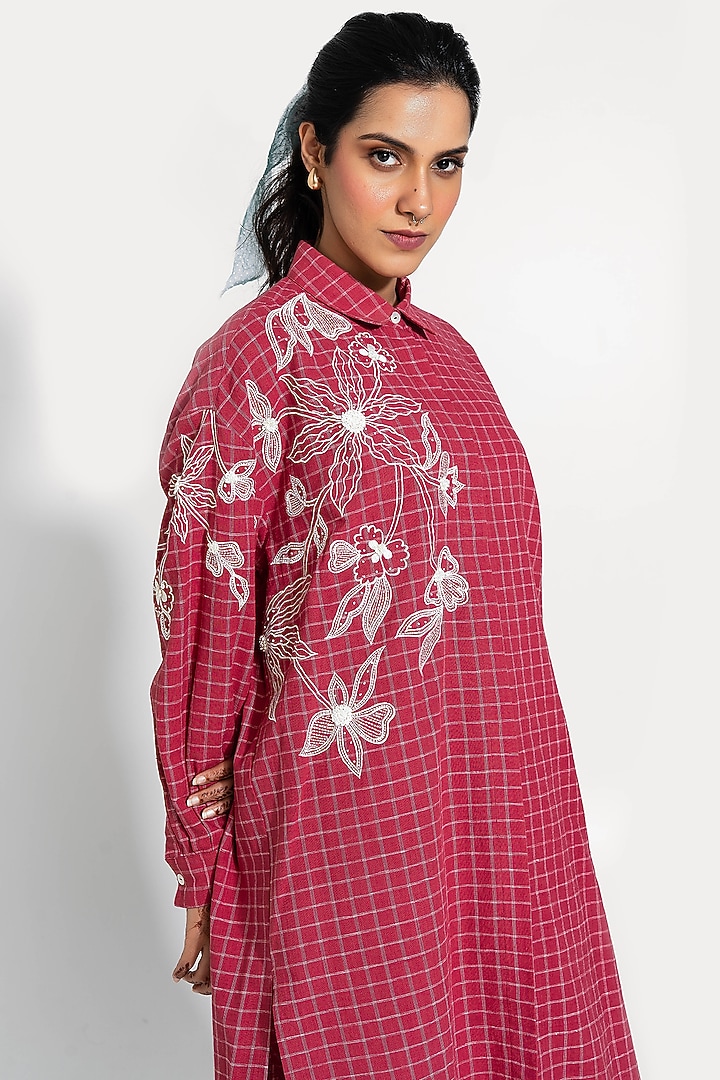 Red Handwoven Cotton Checkered Embroidered Tunic by Pants and Pajamas at Pernia's Pop Up Shop