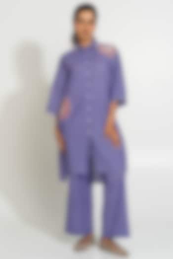 Purple Handwoven Cotton Checkered Embroidered Tunic by Pants and Pajamas at Pernia's Pop Up Shop