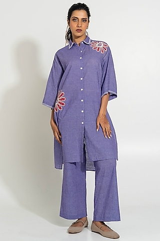 Purple Handwoven Cotton Checkered Embroidered Tunic by Pants and Pajamas