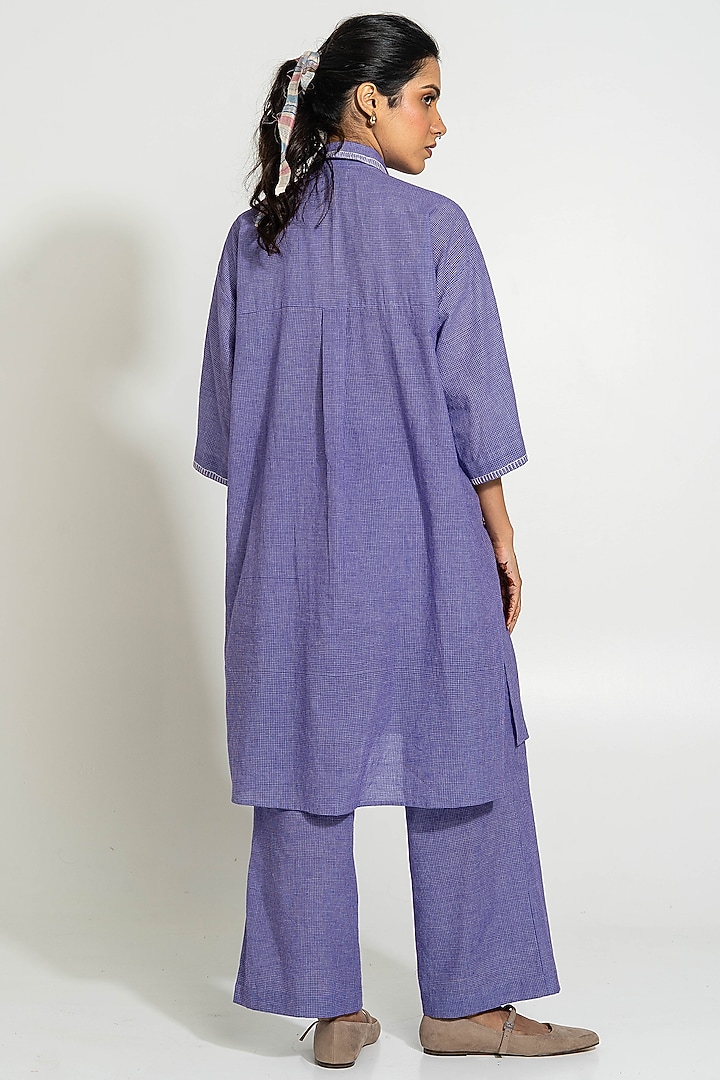 Purple Handwoven Cotton Checkered Embroidered Tunic by Pants and Pajamas at Pernia's Pop Up Shop