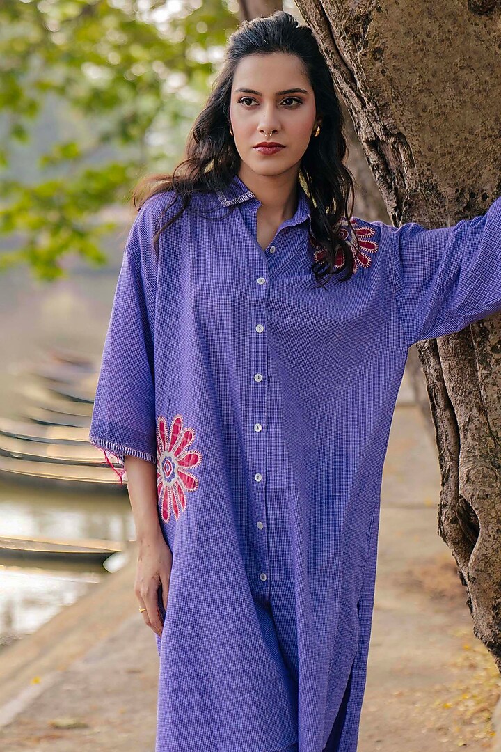 Purple Handwoven Cotton Checkered Embroidered Tunic by Pants and Pajamas at Pernia's Pop Up Shop