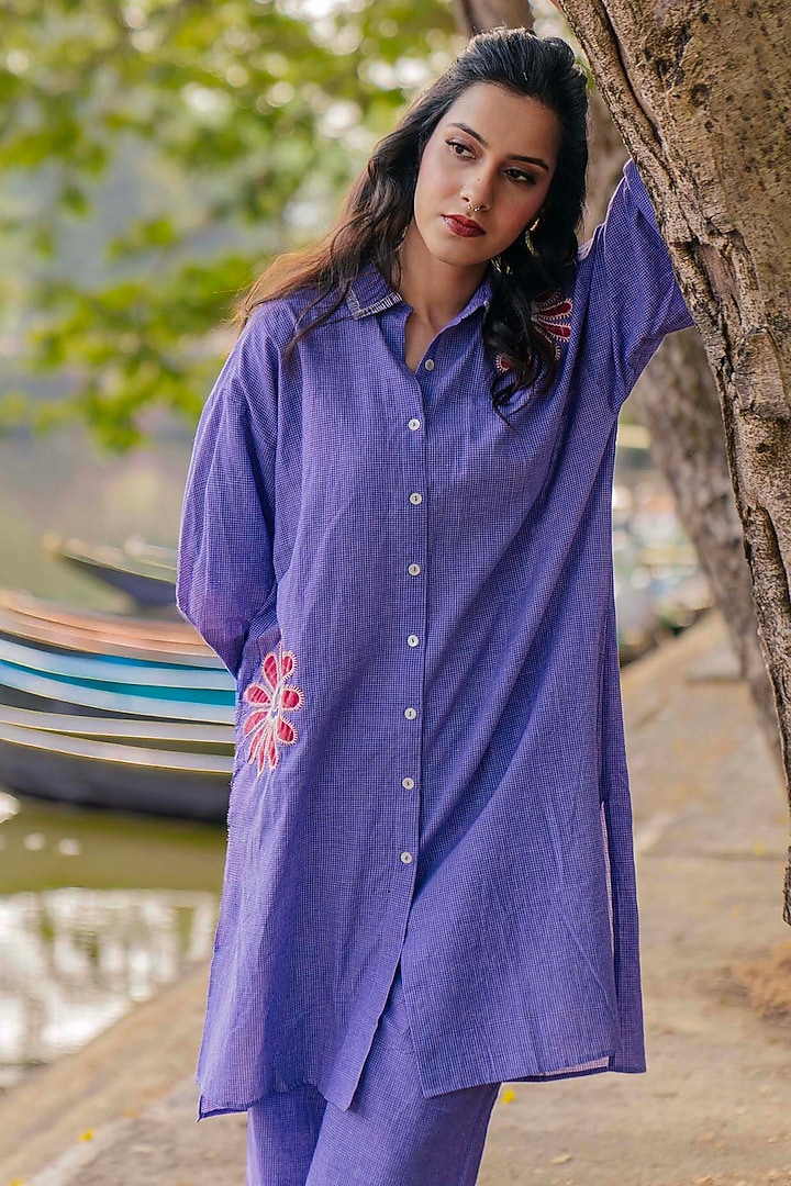 Purple Handwoven Cotton Checkered Embroidered Tunic by Pants and Pajamas at Pernia's Pop Up Shop