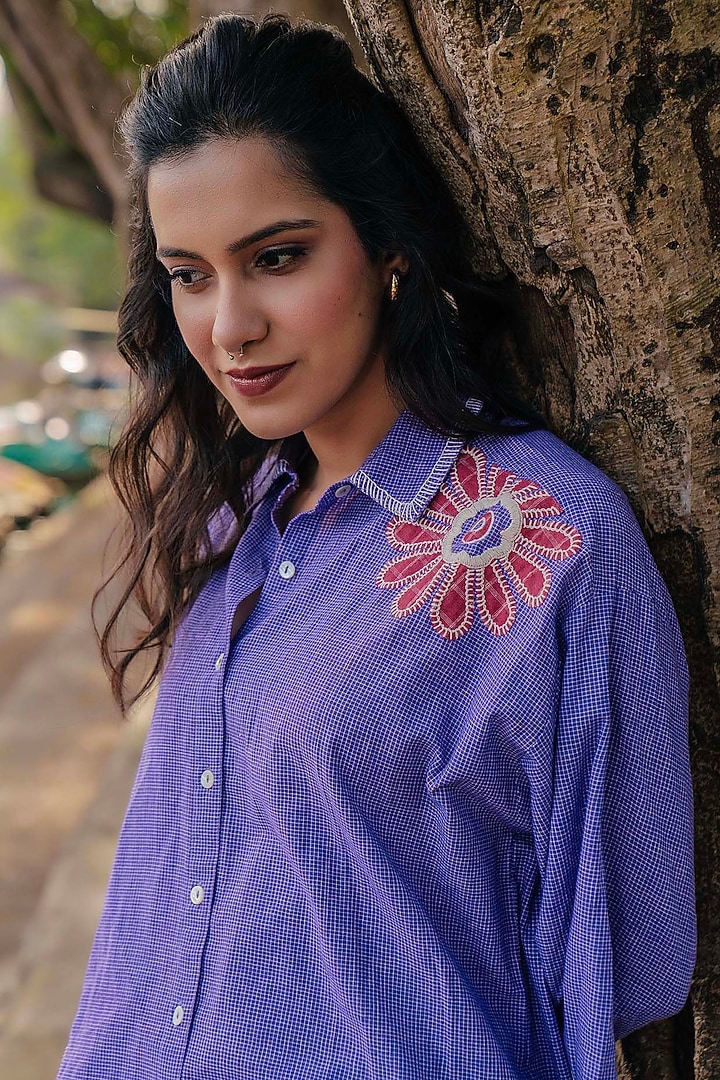 Purple Handwoven Cotton Checkered Embroidered Tunic by Pants and Pajamas at Pernia's Pop Up Shop