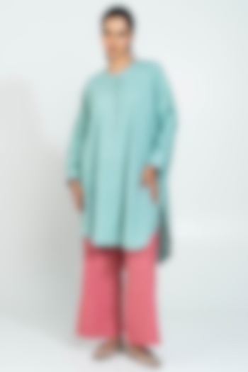 Aqua Handwoven Cotton Embroidered Tunic by Pants and Pajamas at Pernia's Pop Up Shop