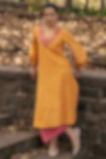 Mustard Handwoven Cotton Embroidered Kurta by Pants and Pajamas at Pernia's Pop Up Shop