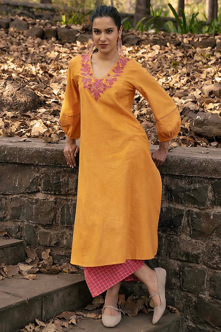 Mustard Handwoven Cotton Embroidered Kurta by Pants and Pajamas at Pernia's Pop Up Shop
