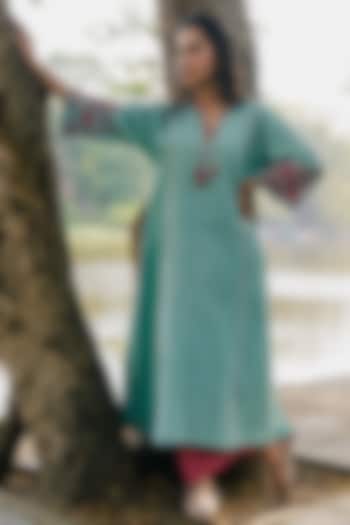 Aqua Handwoven Cotton Embroidered Kurta by Pants and Pajamas at Pernia's Pop Up Shop