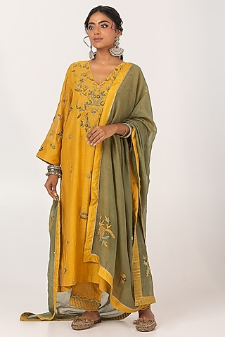 Mustard Chanderi Mul Hand & Machine Embroidered Kurta Set by Pants and Pajamas