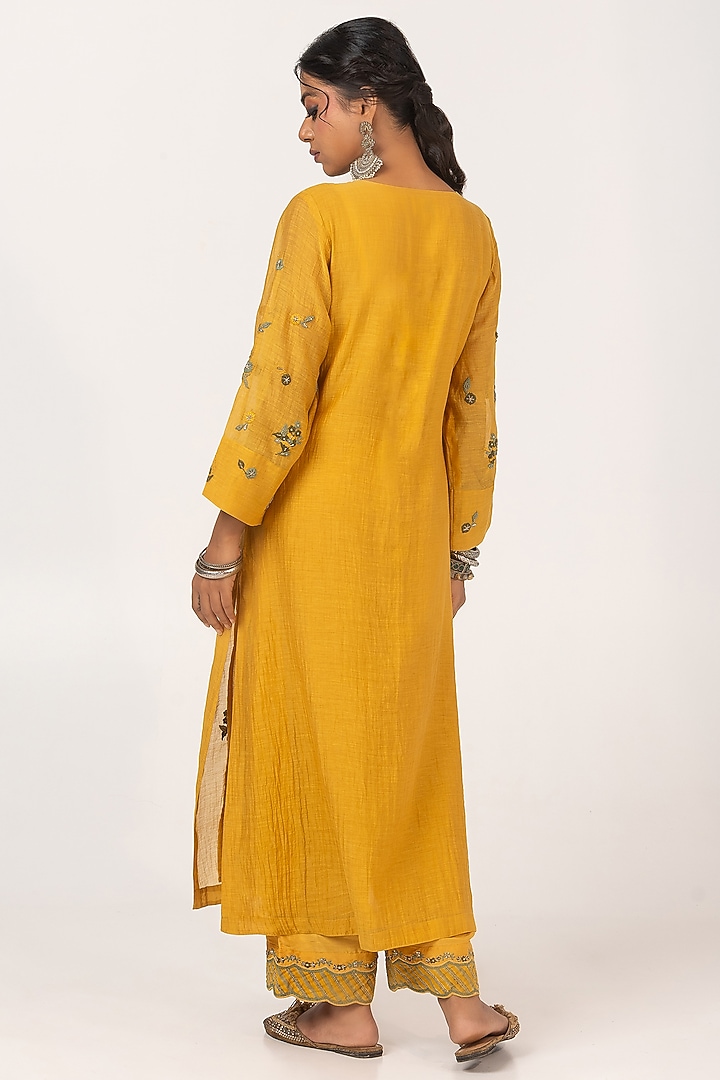 Mustard Chanderi Mul Hand & Machine Embroidered Kurta Set by Pants and Pajamas at Pernia's Pop Up Shop