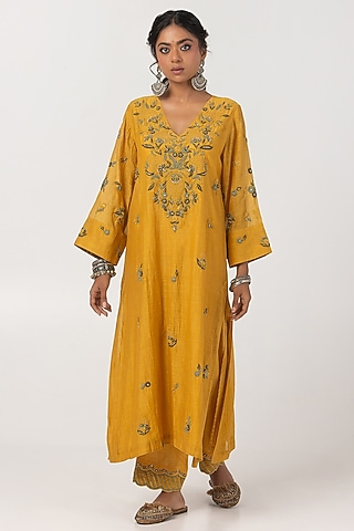 Mustard Chanderi Mul Hand & Machine Embroidered Kurta Set by Pants and Pajamas