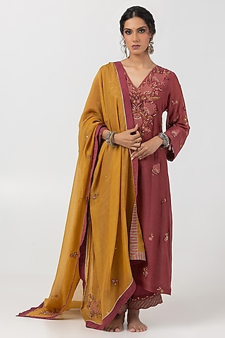 Maroon Chanderi Mul Hand & Machine Embroidered Kurta Set by Pants and Pajamas