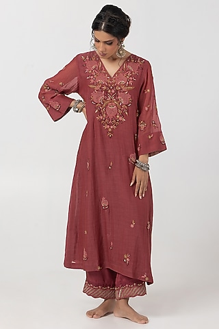 Maroon Chanderi Mul Hand & Machine Embroidered Kurta Set by Pants and Pajamas