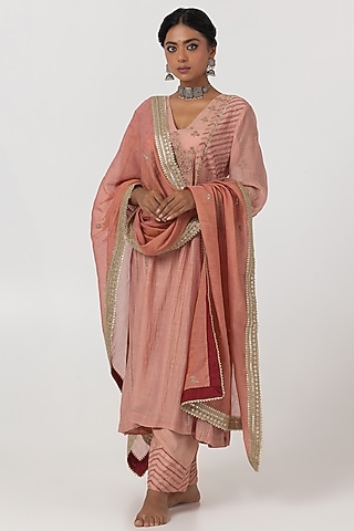 Blush Pink Chanderi Mul Hand & Machine Embroidered Kurta Set by Pants and Pajamas