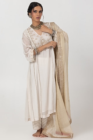 White Chanderi Mul Hand & Machine Embroidered Kurta Set by Pants and Pajamas