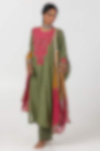 Olive Green Chanderi Mul Hand & Machine Embroidered Kurta Set by Pants and Pajamas at Pernia's Pop Up Shop