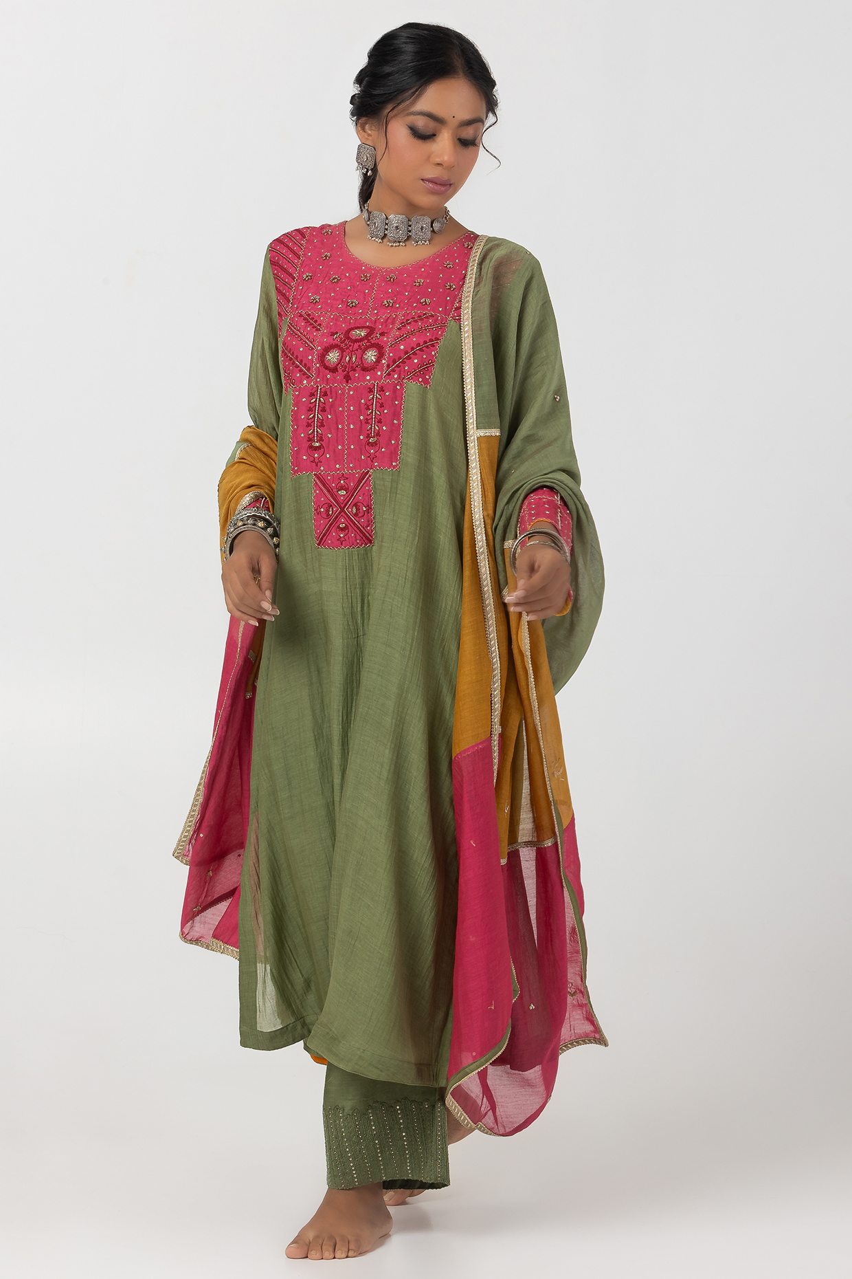 Olive Green Chanderi Mul Hand & Machine Embroidered Kurta Set by Pants and Pajamas at Pernia's Pop Up Shop