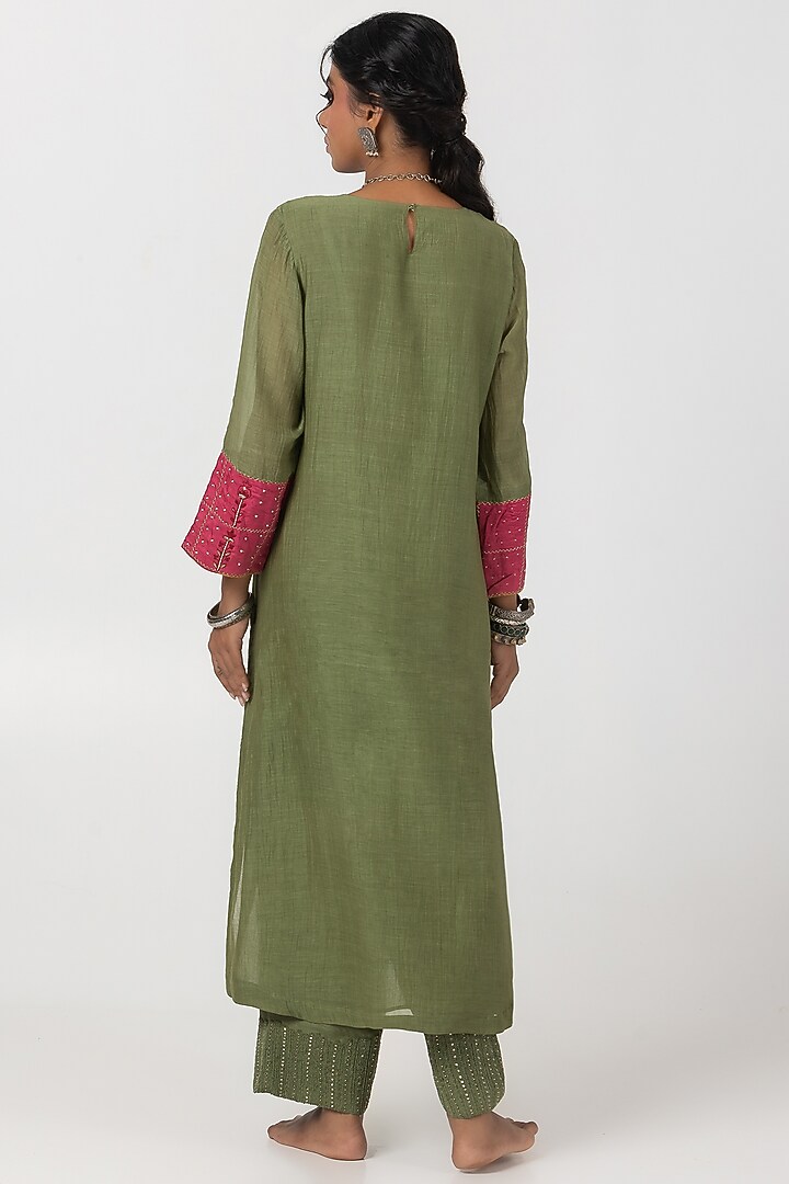 Olive Green Chanderi Mul Hand & Machine Embroidered Kurta Set by Pants and Pajamas at Pernia's Pop Up Shop
