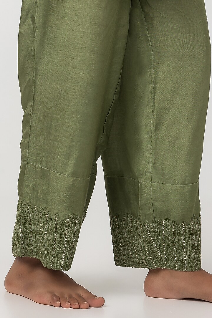 Olive Green Chanderi Mul Hand & Machine Embroidered Kurta Set by Pants and Pajamas at Pernia's Pop Up Shop