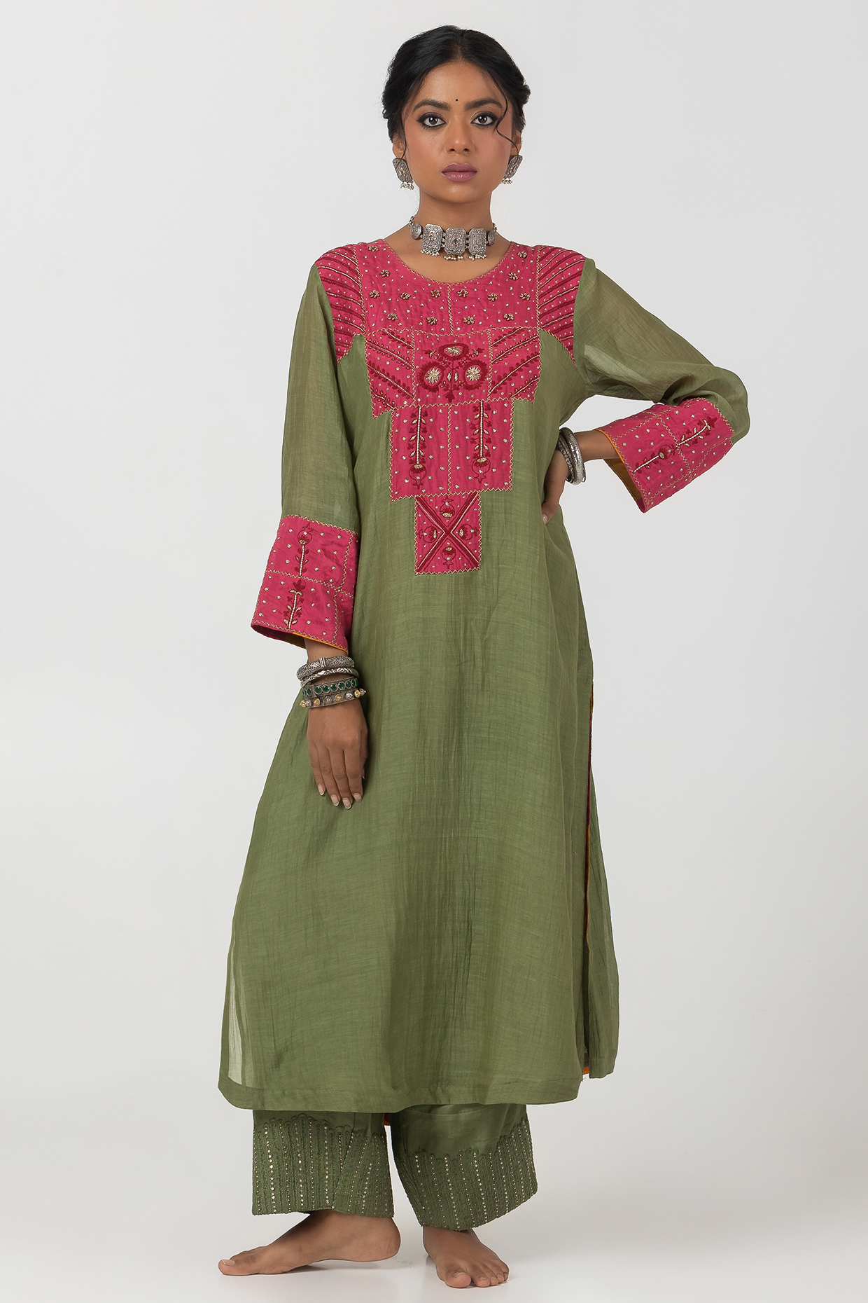 Olive Green Chanderi Mul Hand & Machine Embroidered Kurta Set by Pants and Pajamas at Pernia's Pop Up Shop
