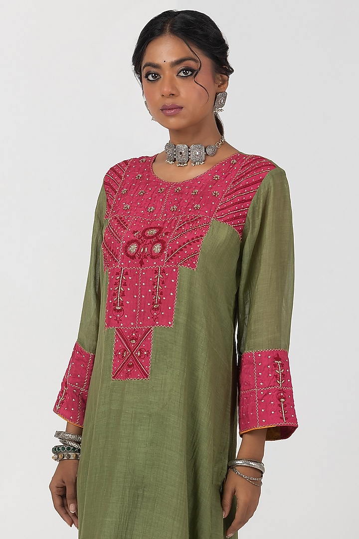 Olive Green Chanderi Mul Hand & Machine Embroidered Kurta Set by Pants and Pajamas at Pernia's Pop Up Shop