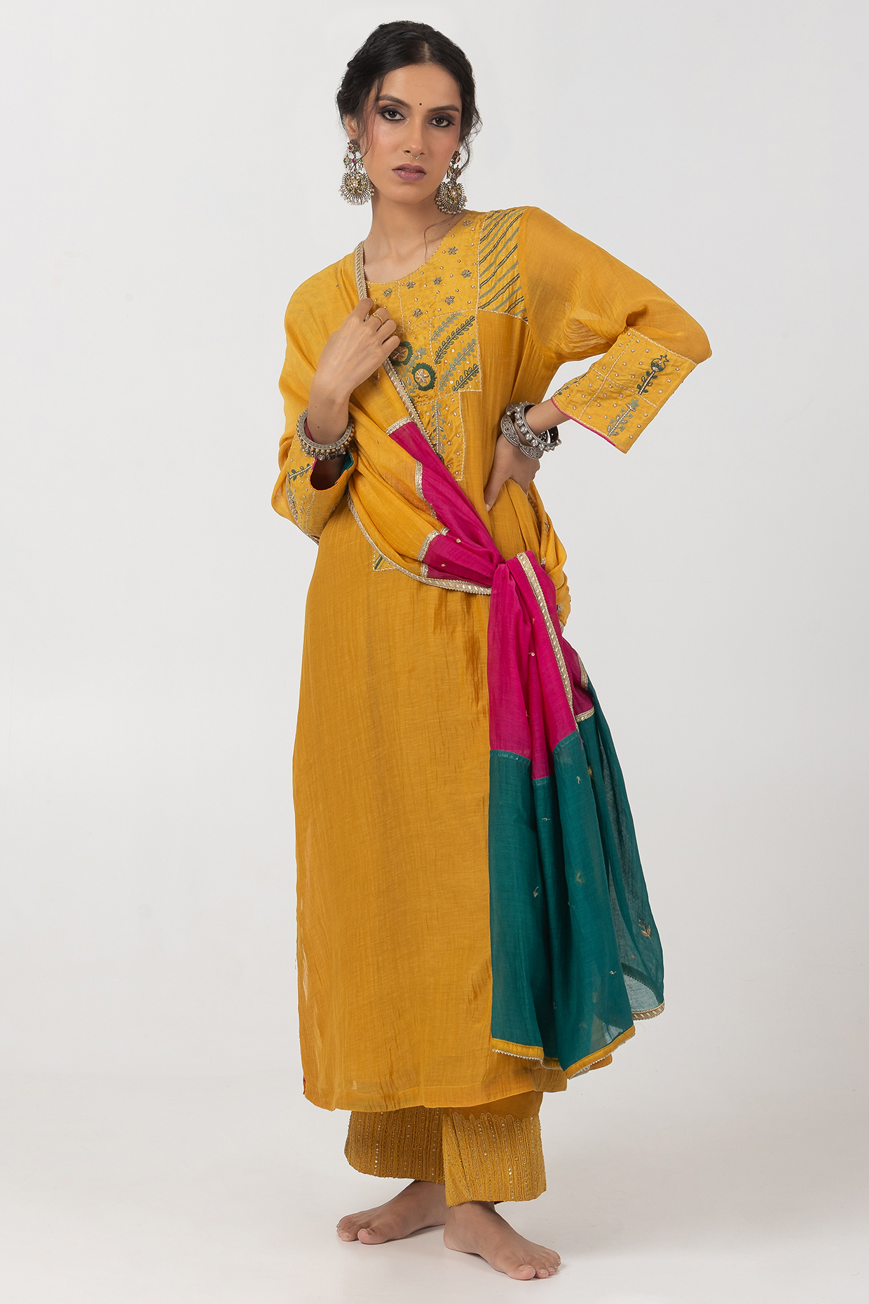 Mustard Chanderi Mul Hand & Machine Embroidered Kurta Set by Pants and Pajamas at Pernia's Pop Up Shop