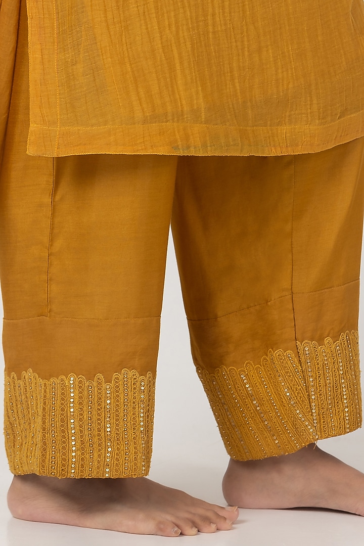 Mustard Chanderi Mul Hand & Machine Embroidered Kurta Set by Pants and Pajamas at Pernia's Pop Up Shop