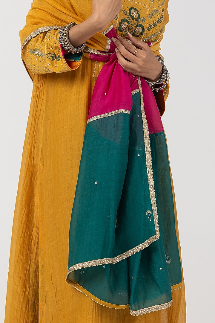 Mustard Chanderi Mul Hand & Machine Embroidered Kurta Set by Pants and Pajamas at Pernia's Pop Up Shop