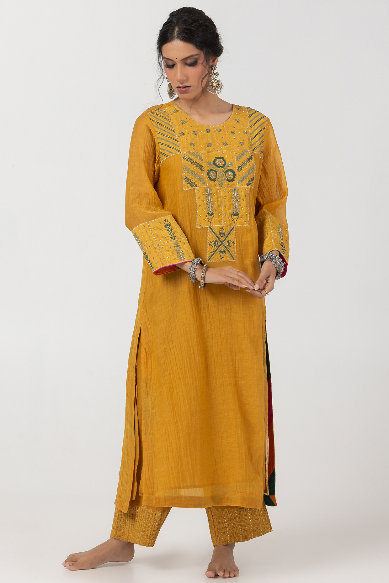 Mustard Chanderi Mul Hand & Machine Embroidered Kurta Set by Pants and Pajamas at Pernia's Pop Up Shop