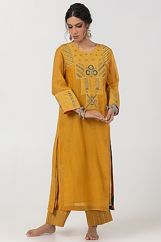 Mustard Chanderi Mul Hand & Machine Embroidered Kurta Set by Pants and Pajamas