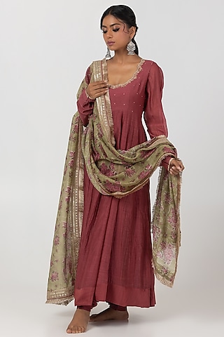 Maroon Chanderi Mul Hand & Machine Embroidered Anarkali Set by Pants and Pajamas