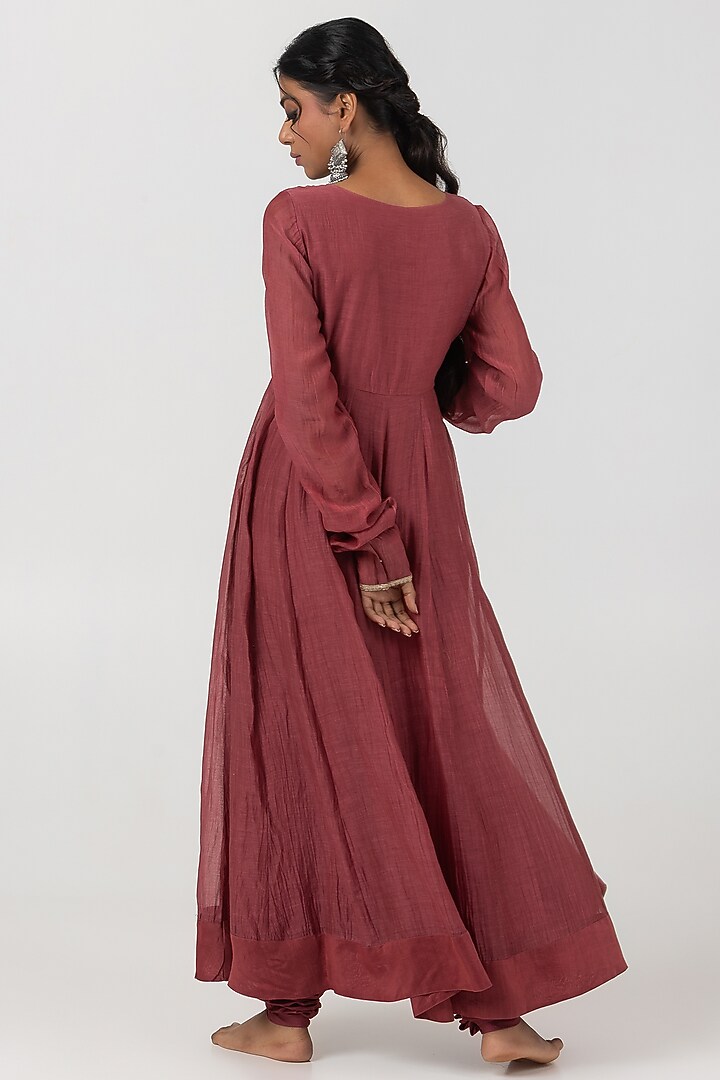 Maroon Chanderi Mul Hand & Machine Embroidered Party Wear Anarkali Set by Pants and Pajamas at Pernia's Pop Up Shop