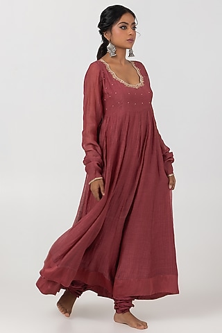 Maroon Chanderi Mul Hand & Machine Embroidered Anarkali Set by Pants and Pajamas