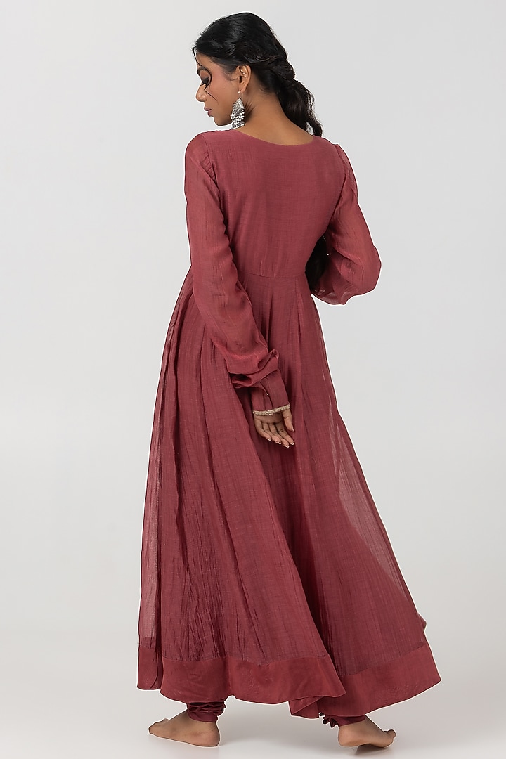 Maroon Chanderi Mul Hand & Machine Embroidered Party Wear Anarkali Set by Pants and Pajamas at Pernia's Pop Up Shop