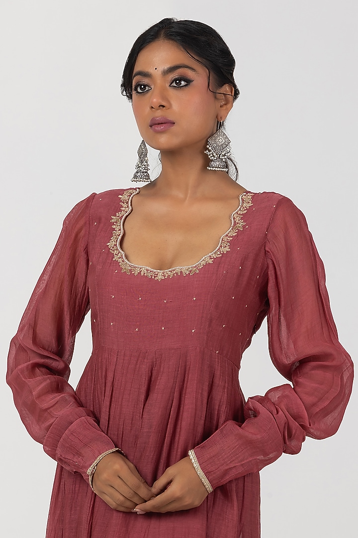 Maroon Chanderi Mul Hand & Machine Embroidered Party Wear Anarkali Set by Pants and Pajamas at Pernia's Pop Up Shop