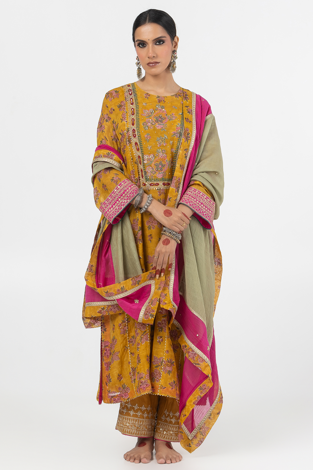 Mustard Chanderi Mul Printed & Embroidered Kurta Set by Pants and Pajamas at Pernia's Pop Up Shop
