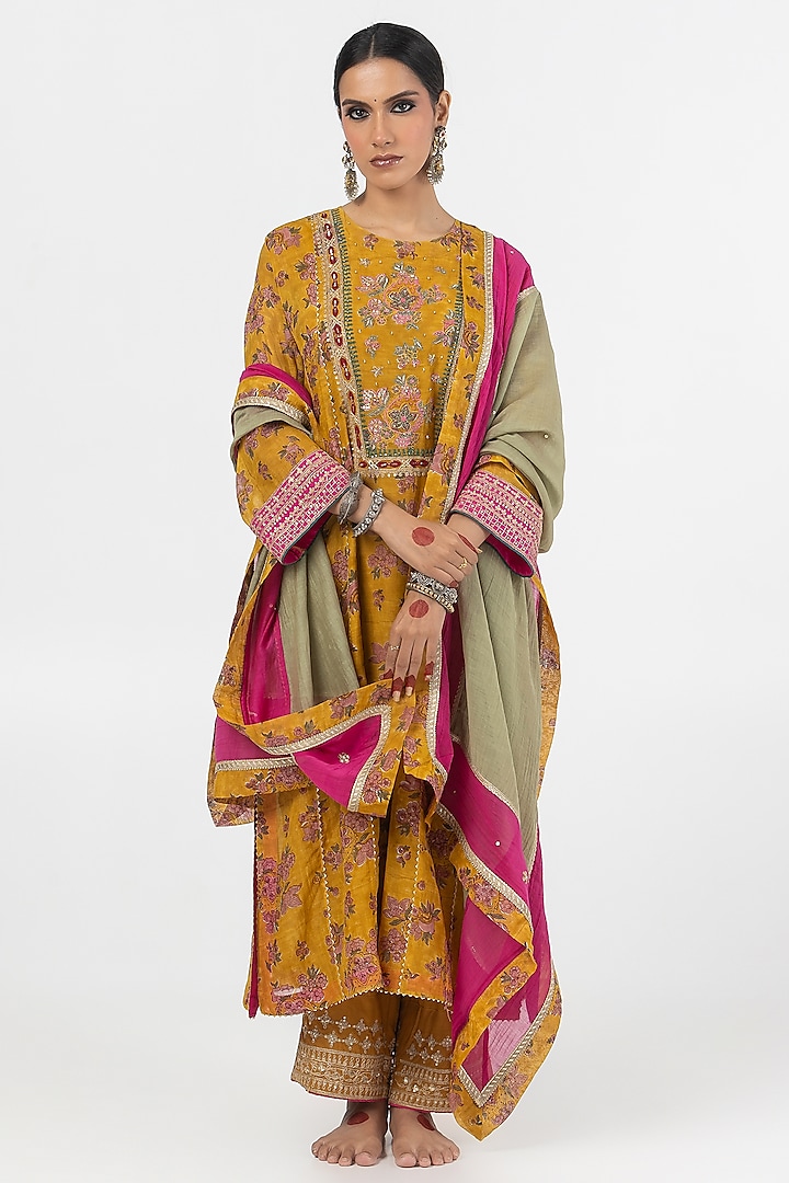 Mustard Chanderi Mul Printed & Embroidered Kurta Set by Pants and Pajamas at Pernia's Pop Up Shop