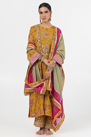Mustard Chanderi Mul Printed & Embroidered Kurta Set by Pants and Pajamas