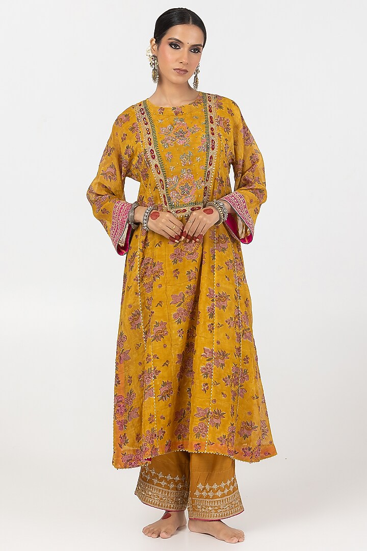 Mustard Chanderi Mul Printed & Embroidered Kurta Set by Pants and Pajamas at Pernia's Pop Up Shop