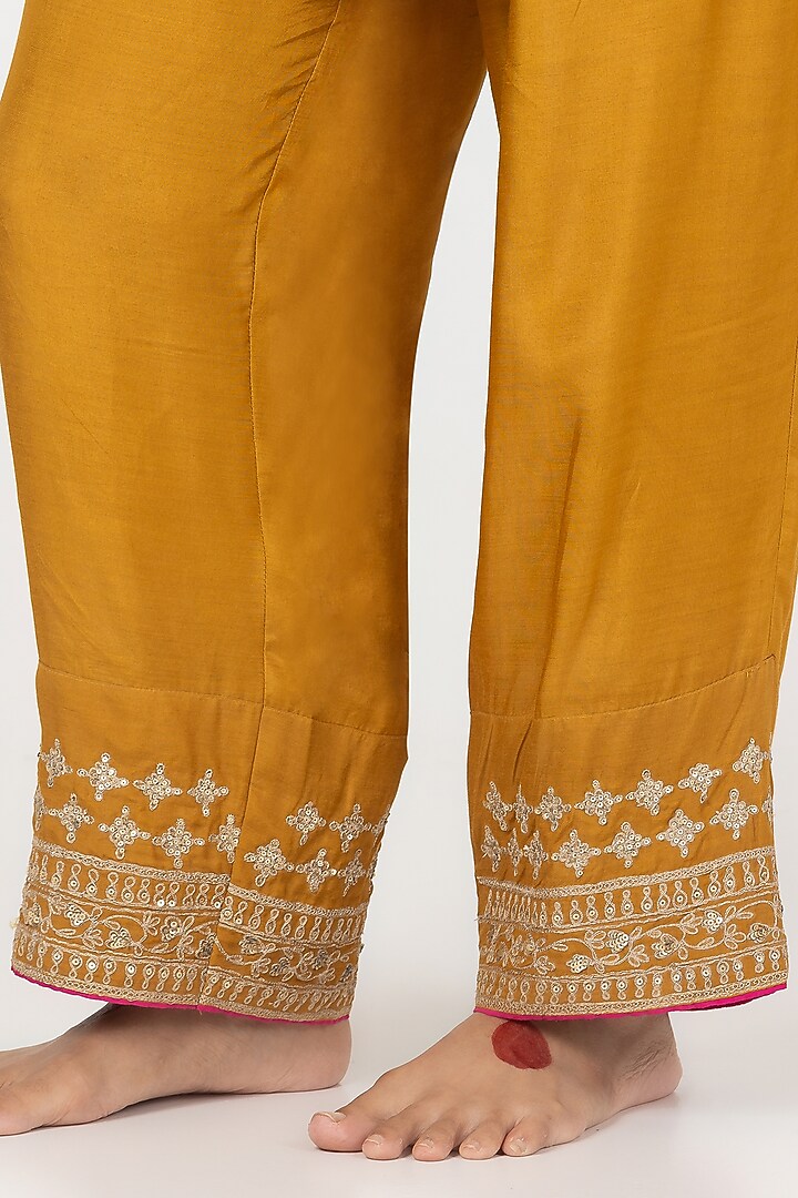 Mustard Chanderi Mul Printed & Embroidered Kurta Set by Pants and Pajamas at Pernia's Pop Up Shop