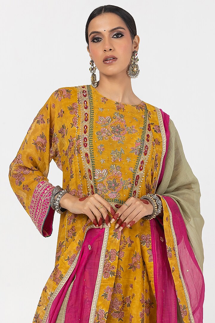 Mustard Chanderi Mul Printed & Embroidered Kurta Set by Pants and Pajamas at Pernia's Pop Up Shop