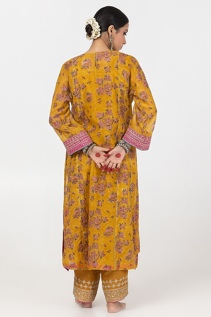 Mustard Chanderi Mul Printed & Embroidered Kurta Set by Pants and Pajamas at Pernia's Pop Up Shop
