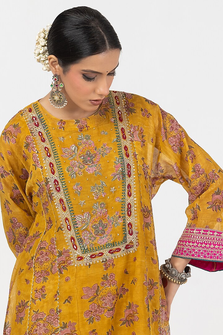 Mustard Chanderi Mul Printed & Embroidered Kurta Set by Pants and Pajamas at Pernia's Pop Up Shop