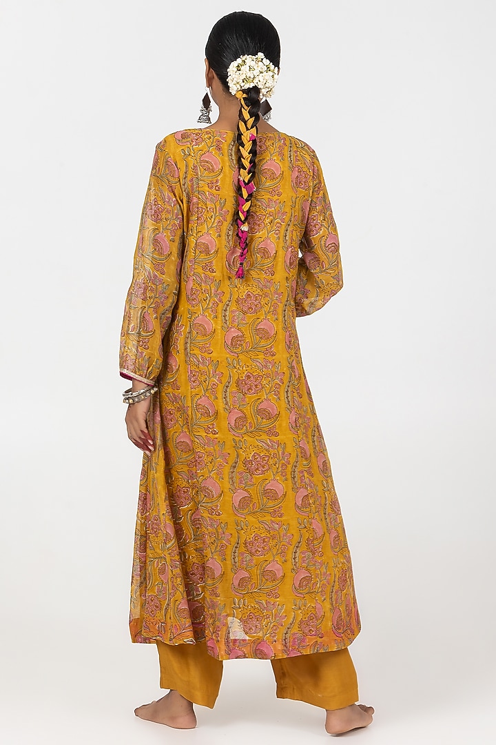 Mustard Chanderi Mul Block Printed & Embroidered Kurta Set by Pants and Pajamas at Pernia's Pop Up Shop