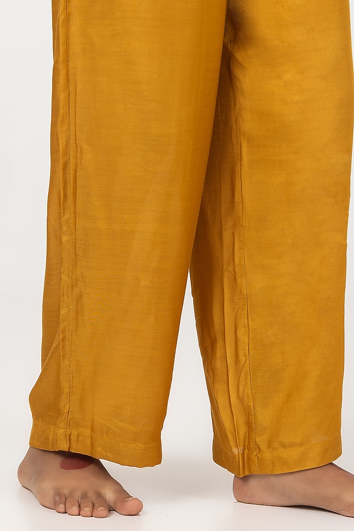 Mustard Chanderi Mul Block Printed & Embroidered Kurta Set by Pants and Pajamas at Pernia's Pop Up Shop