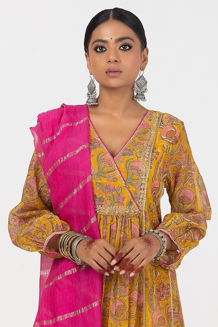 Mustard Chanderi Mul Block Printed & Embroidered Kurta Set by Pants and Pajamas at Pernia's Pop Up Shop