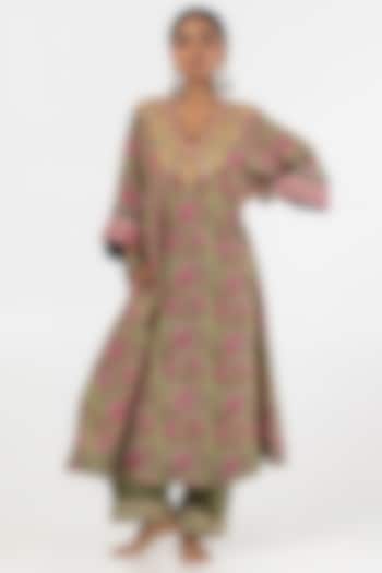 Olive Green Modal Silk Block Printed Kaftan Set by Pants and Pajamas at Pernia's Pop Up Shop