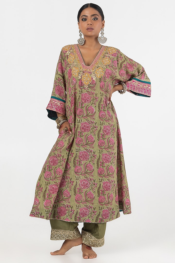 Olive Green Modal Silk Block Printed Kaftan Set by Pants and Pajamas at Pernia's Pop Up Shop