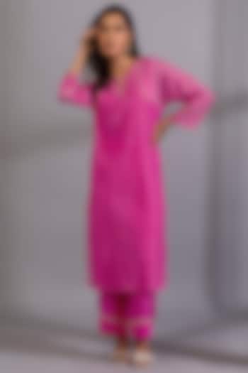 Pink Chanderi Zardosi Hand Embroidered Kurta by Pants and Pajamas at Pernia's Pop Up Shop