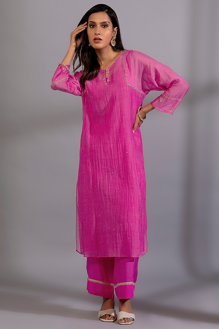 Pink Chanderi Zardosi Hand Embroidered Kurta by Pants and Pajamas at Pernia's Pop Up Shop